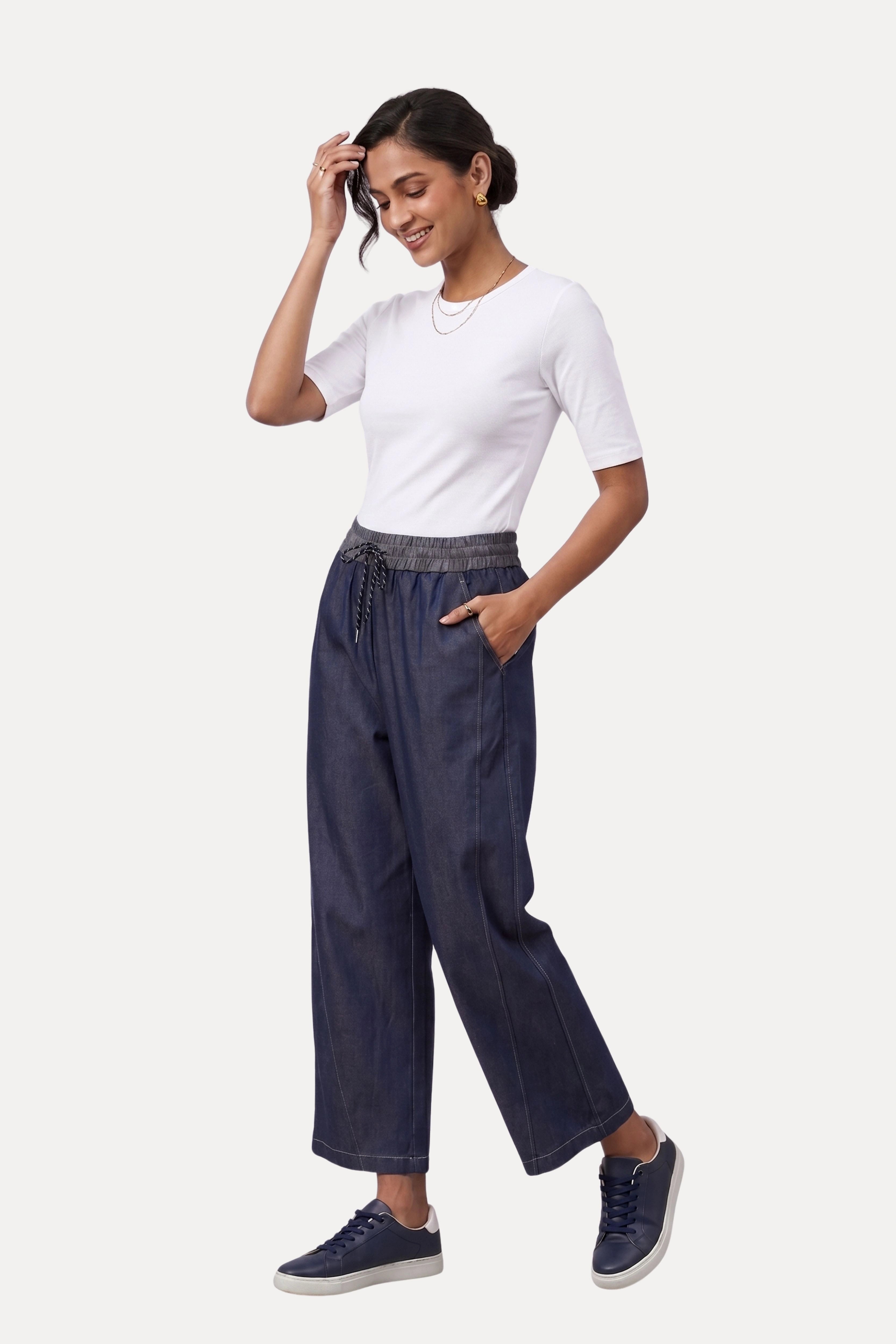 Dark Blue Denim-Look Cotton Viscose Lower