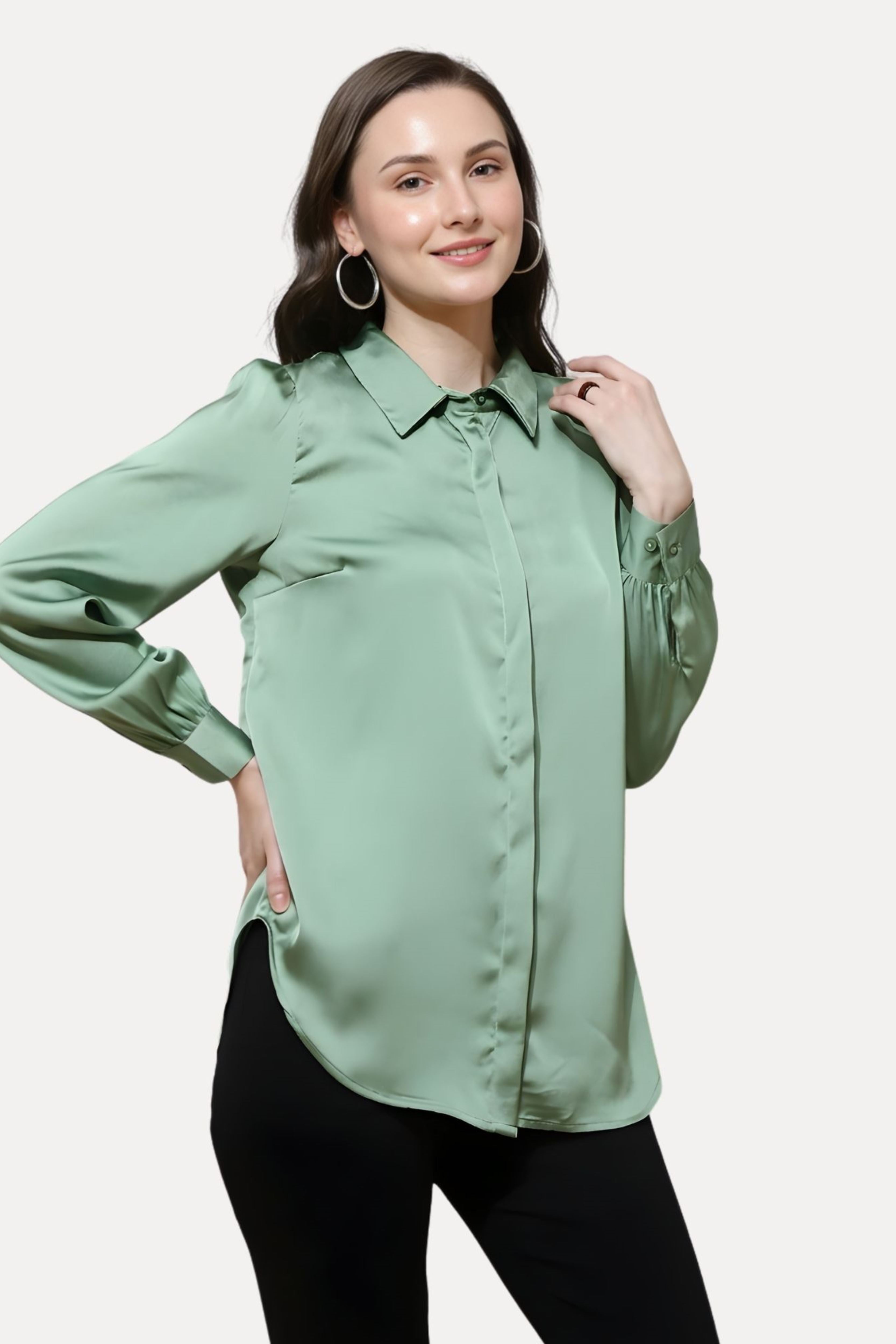 Green Poly Satin Solid Shirt