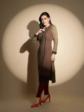 Beige Printed Full Sleeve Round With V-Neck Woolen Kurta