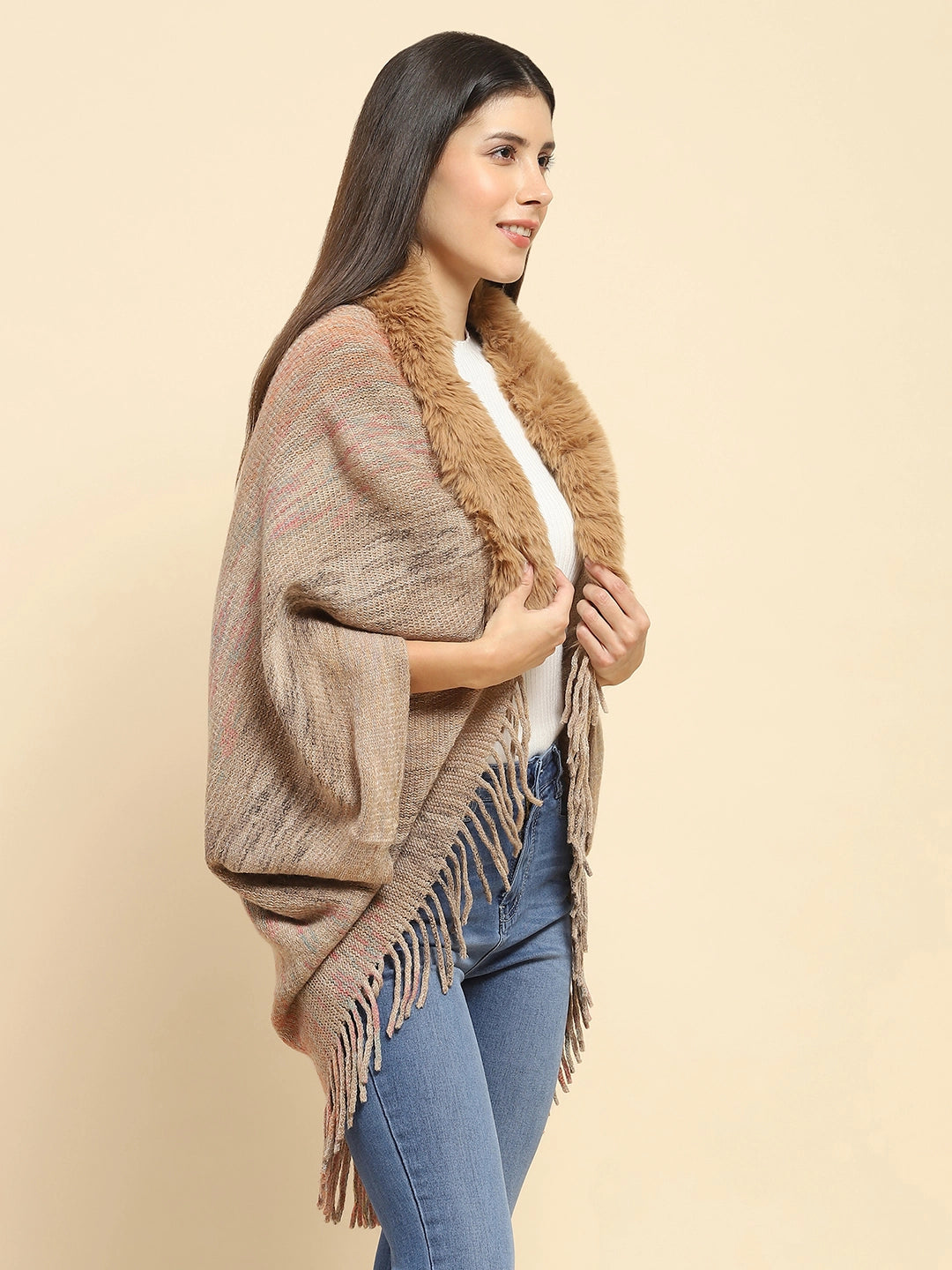 Khaki Mélange Acrylic Knitted Relaxed Fit Cape - Global Republic