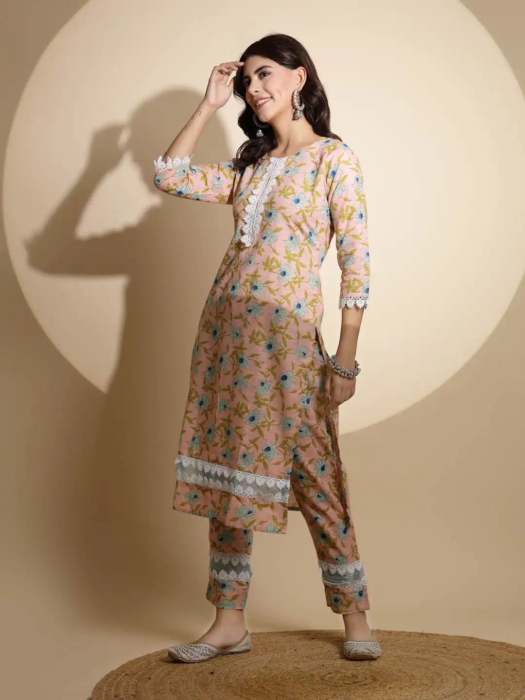 Peach Embellished Print Three Fourth Sleeve Cotton Kurta Set - Global Republic