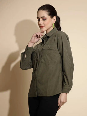Olive Solid Full Sleeve Collared Neck Cotton Shirt