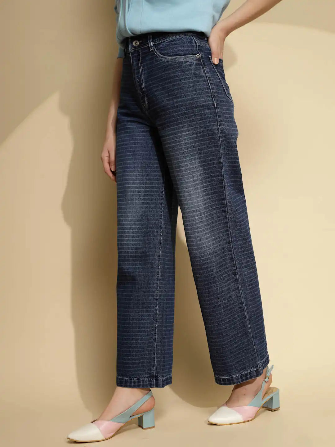 Dark Blue Solid Polycotton High Rise Wide Leg Jeans