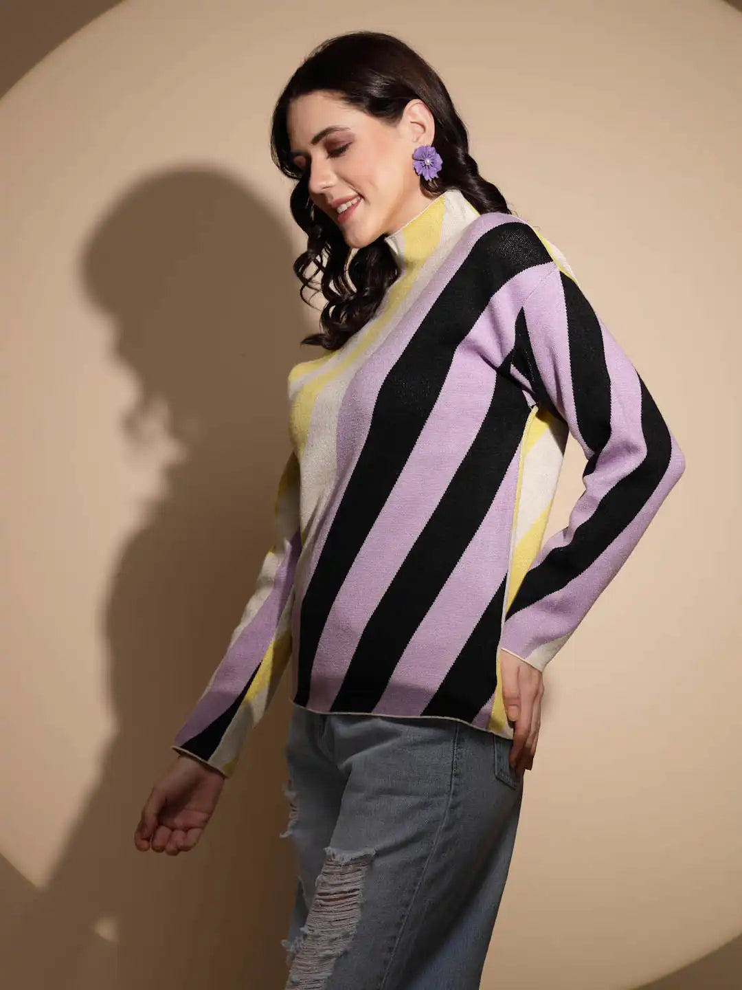 Multicolor Striped Full Sleeve Turtle Neck Knitted Pullover