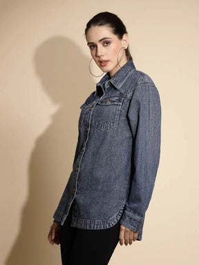 Blue Solid Full Sleeve Collared Neck Denim Shacket