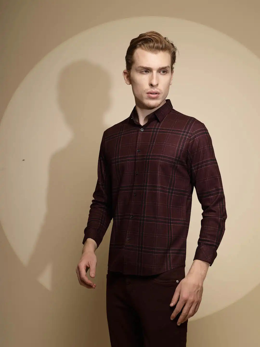 Wine Full Sleeve Collared Neck Check Shirt - Global Republic