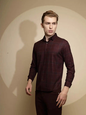 Wine Full Sleeve Collared Neck Check Shirt