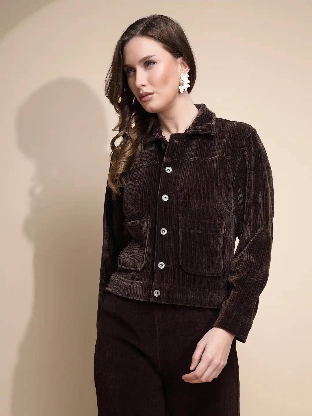 Brown Corduroy Solid Jacket