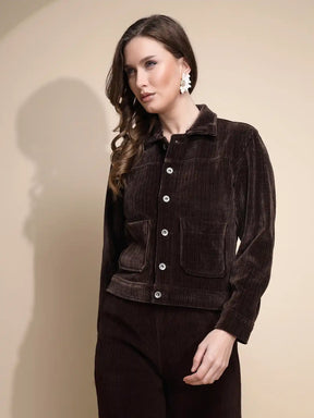 Women Brown Solid Full Sleeve Collared Neck Suede Jacket