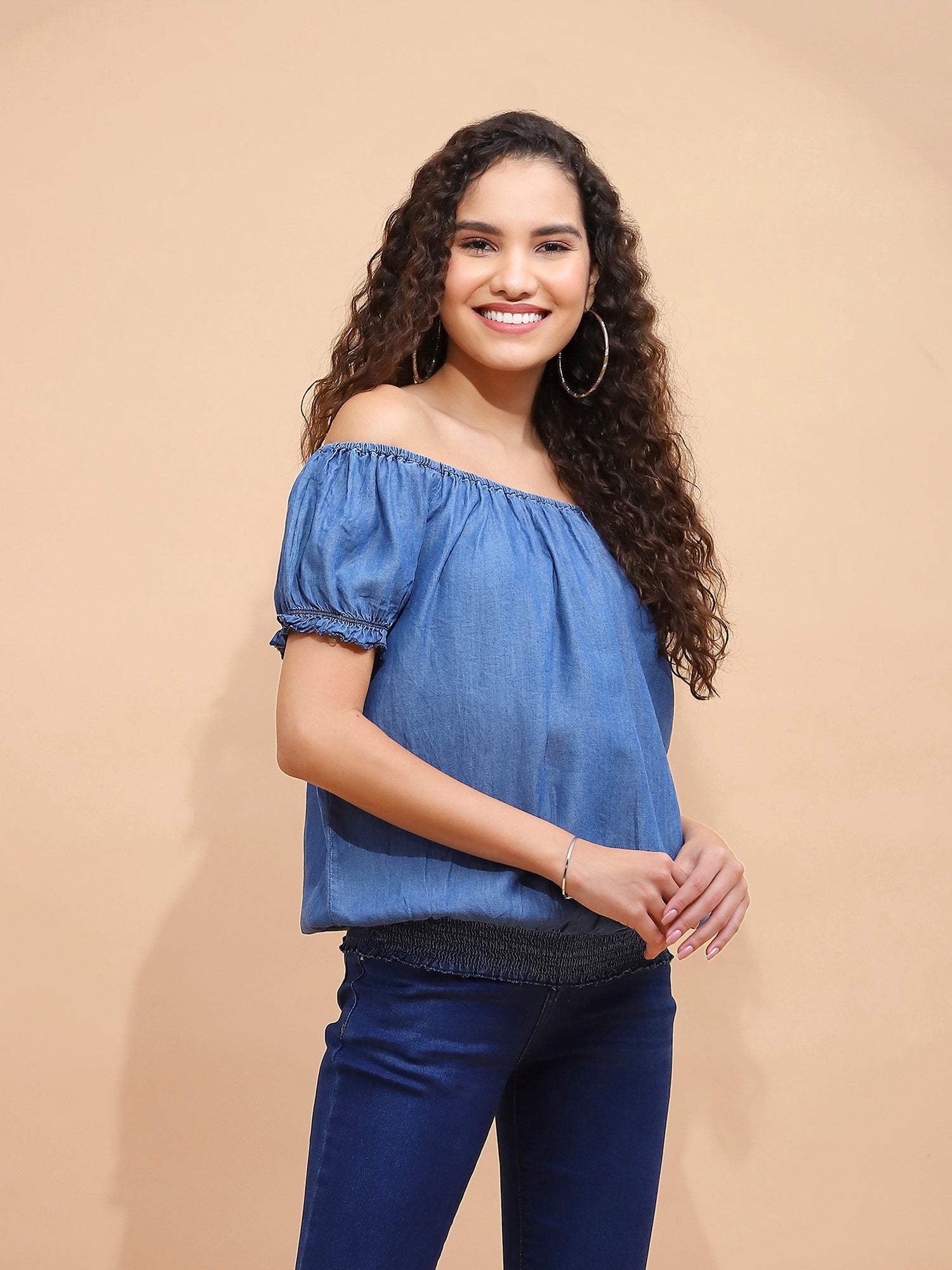 Blue Cotton Off-Shoulder Top