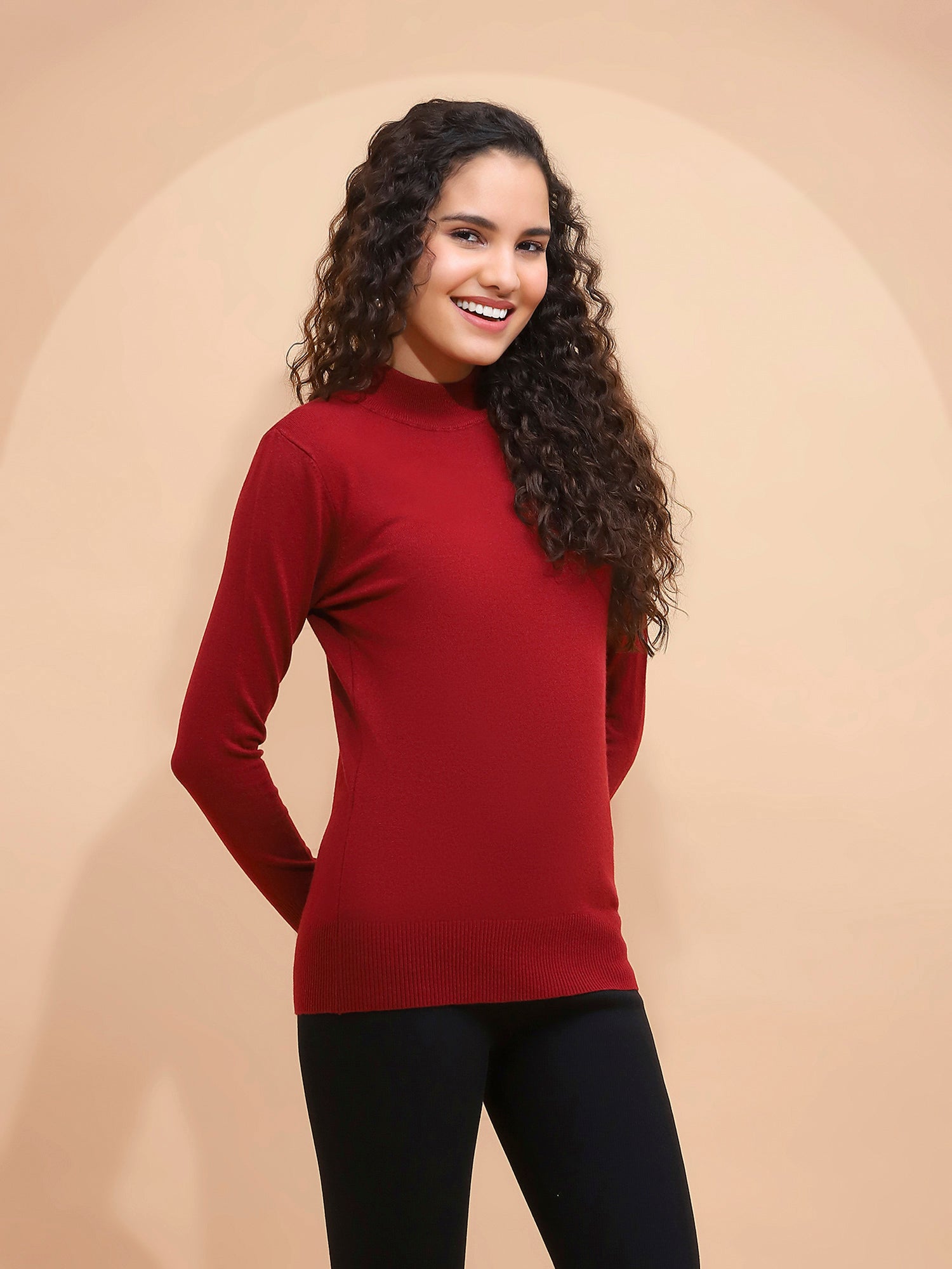 Women Wine Turtle Neck Full Sleeve Snug Fit Skivvy - Global Republic