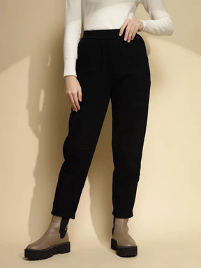 Black Solid Cotton Mid Rise Ankle Length Trouser