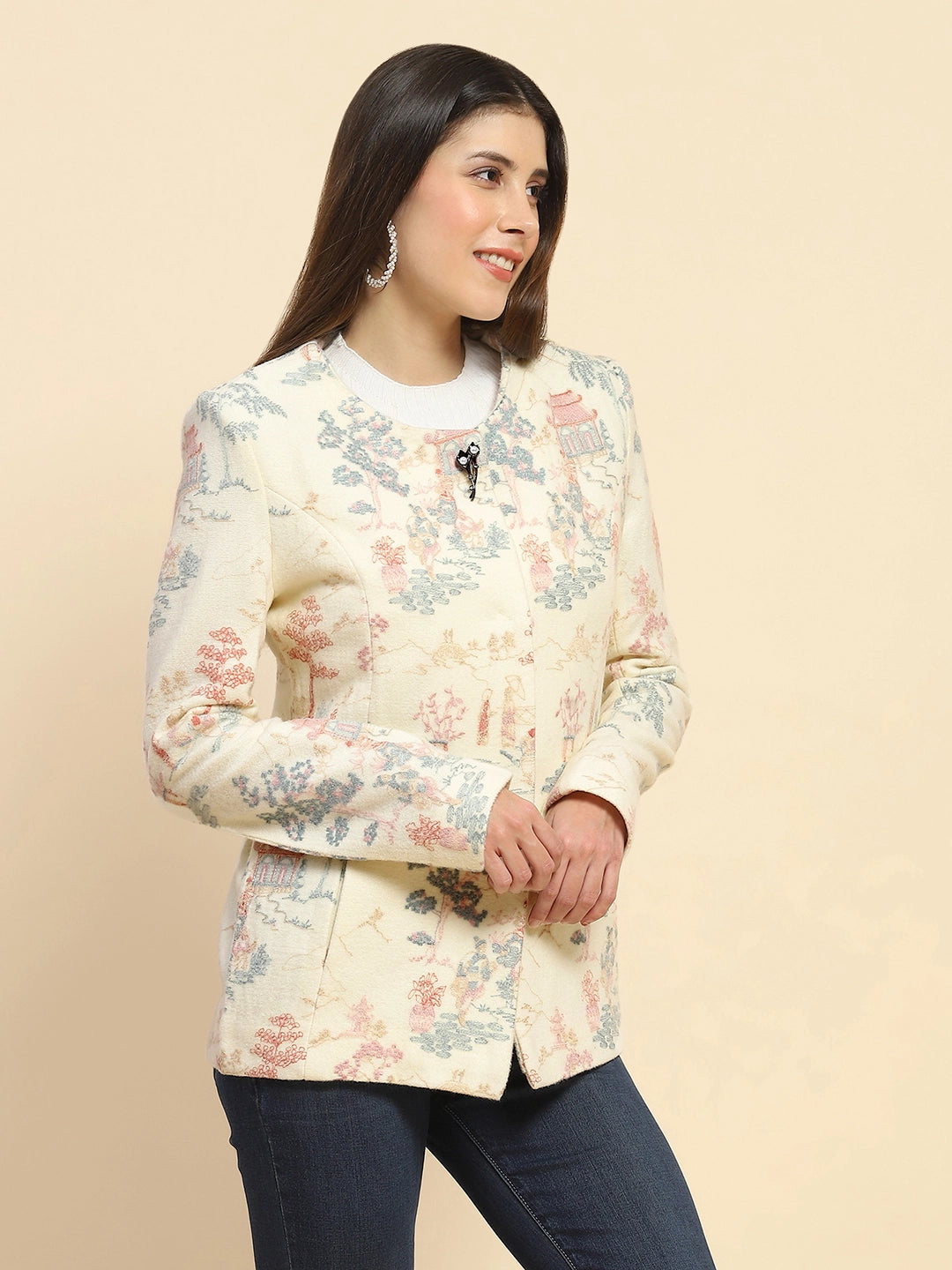 Cream  Acrylic Thread Embroidered Regular Fit Coat For Winter - Global Republic