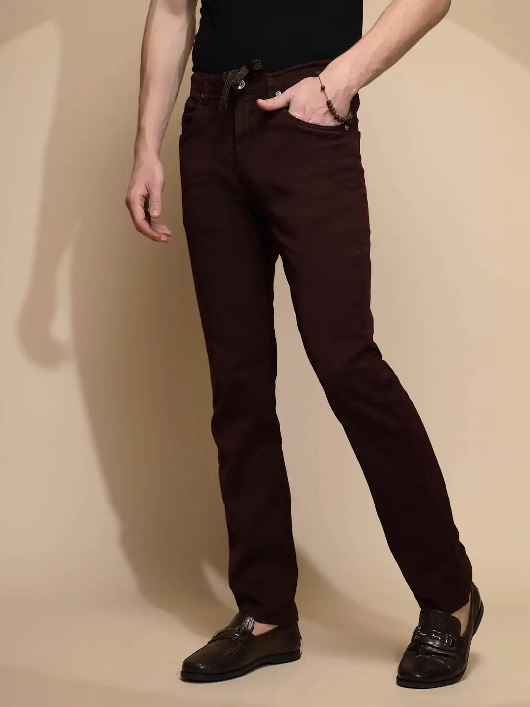 Maroon Solid Mid Rise Slim Fit Cotton Blend Jeans