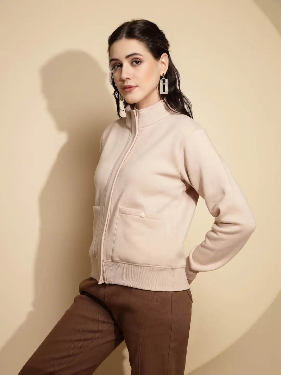 Beige Solid Full Sleeve Turtle Neck Acrylic Sweatshirt