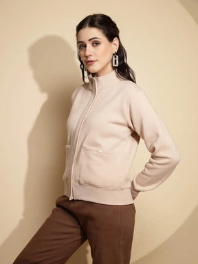 Beige Solid Full Sleeve Turtle Neck Acrylic Sweatshirt