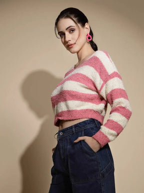 Peach Striped Full Sleeve Round Neck Acrylic Pullover