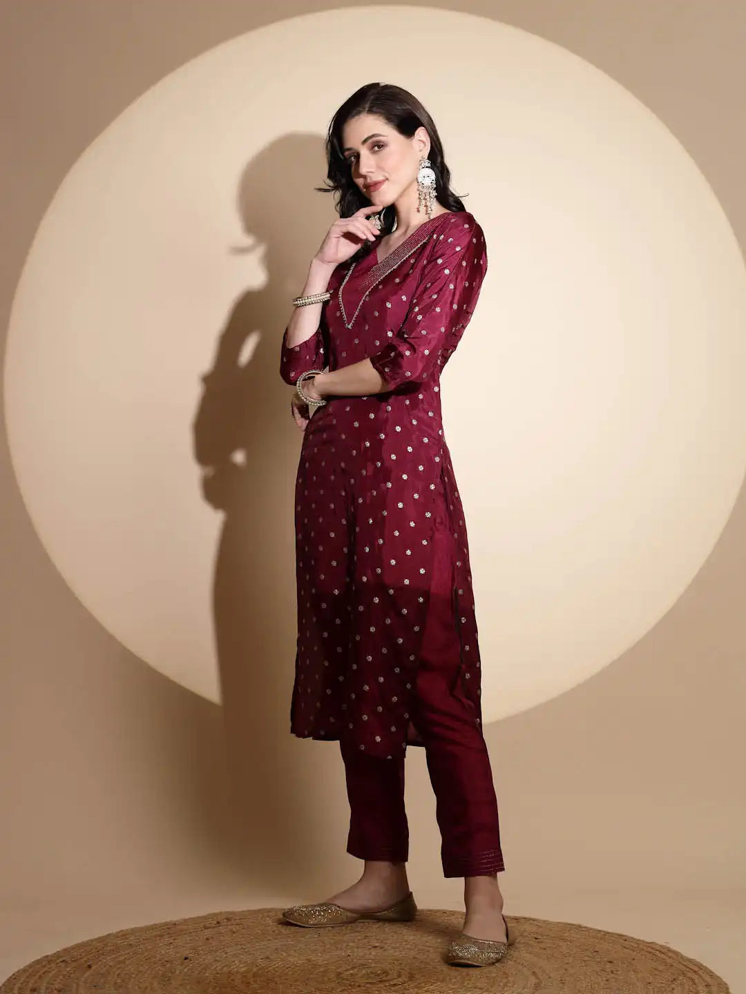 Purple Embellished Three Fourth Sleeve V Neck Kurta Set