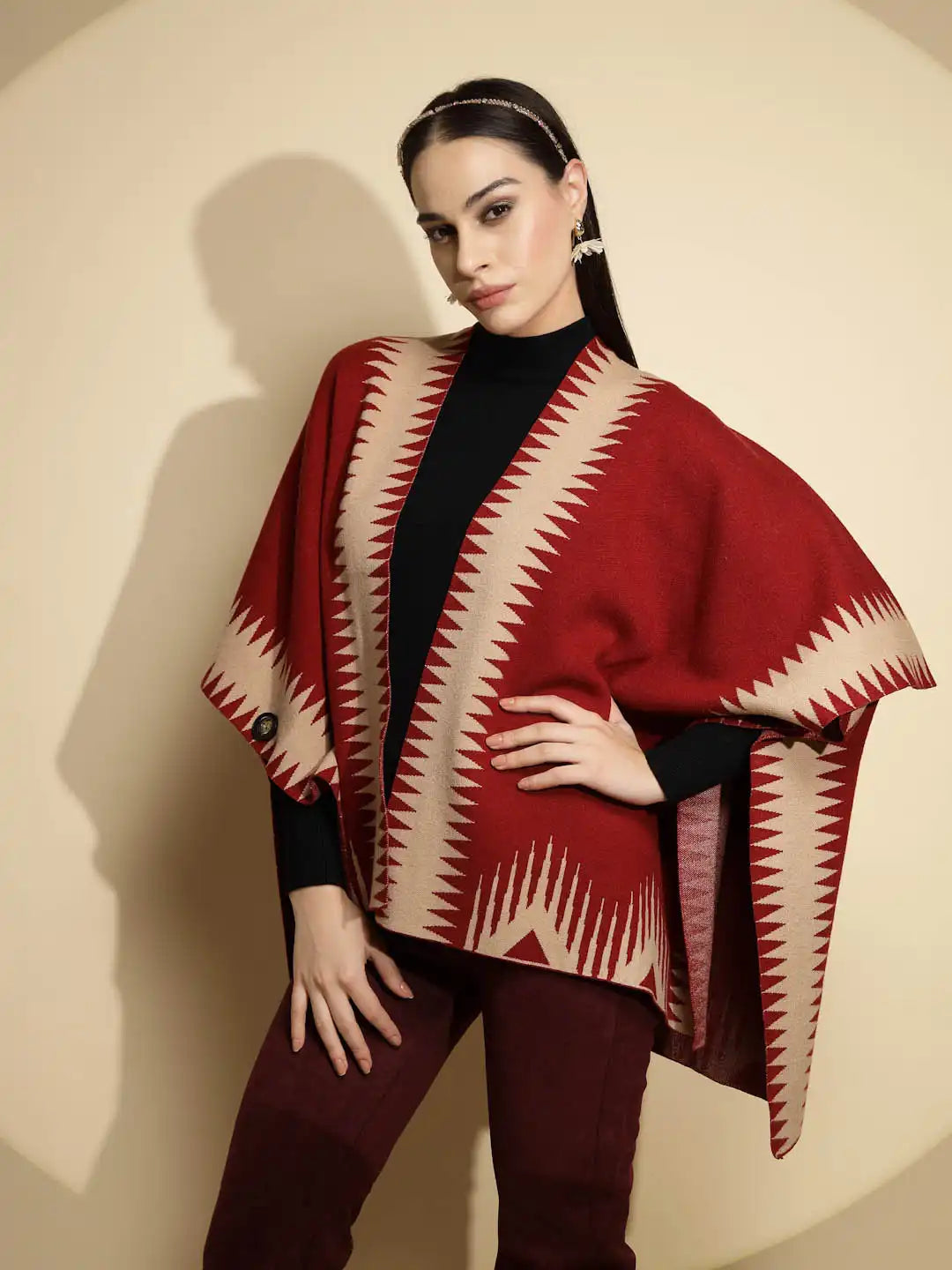 Maroon Abstract Print Three Quarter Sleeve Open Neck Knitted Winter Shrug