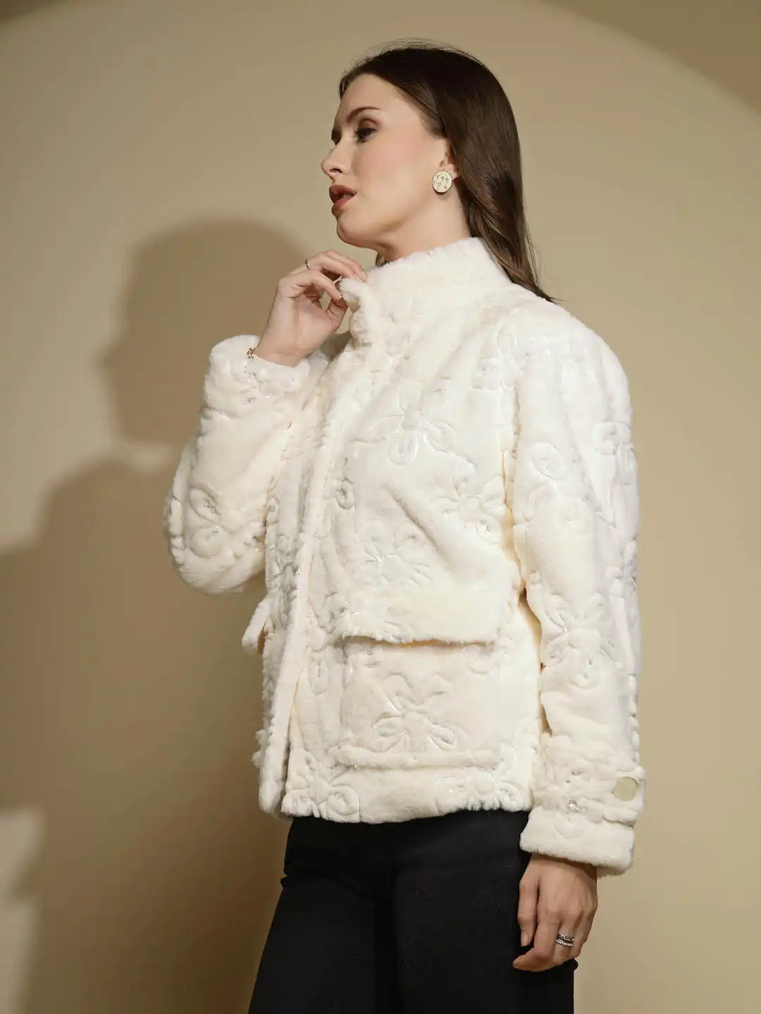 White Embroidered Full Sleeve Turtle Neck Woolen Jacket - Global Republic