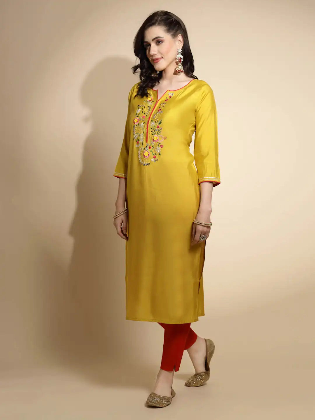 Mustard Embroidered Three Quarter Sleeves Round With V-Neck Cotton Blend Kurta