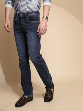 Blue Solid Mid Rise Straight Cotton Blend Jeans