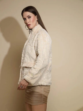 Beige Embossed Woollen Jacket