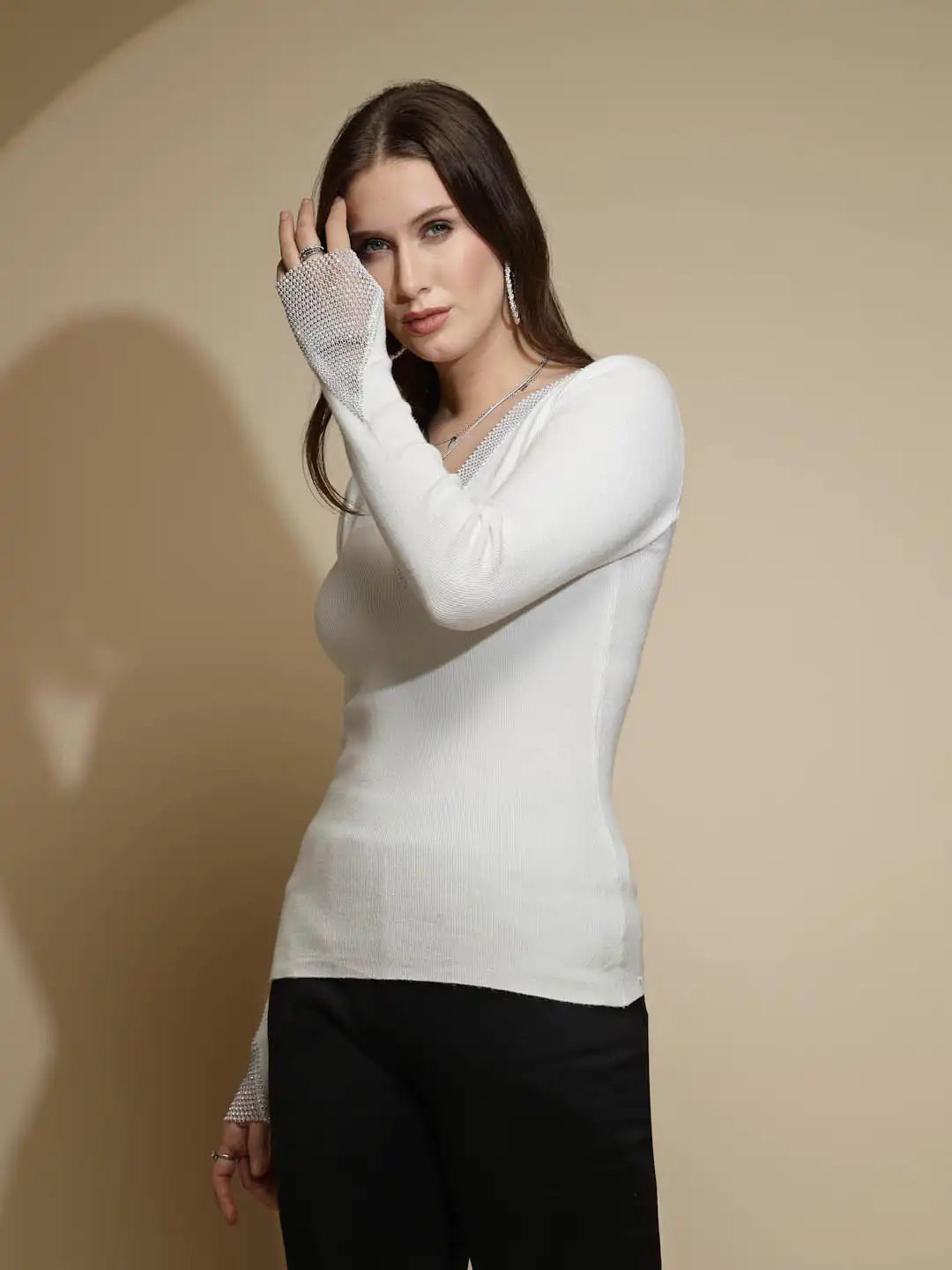 White Embellished Full Sleeve V-Neck Acrylic Pullover Sweater - Global Republic
