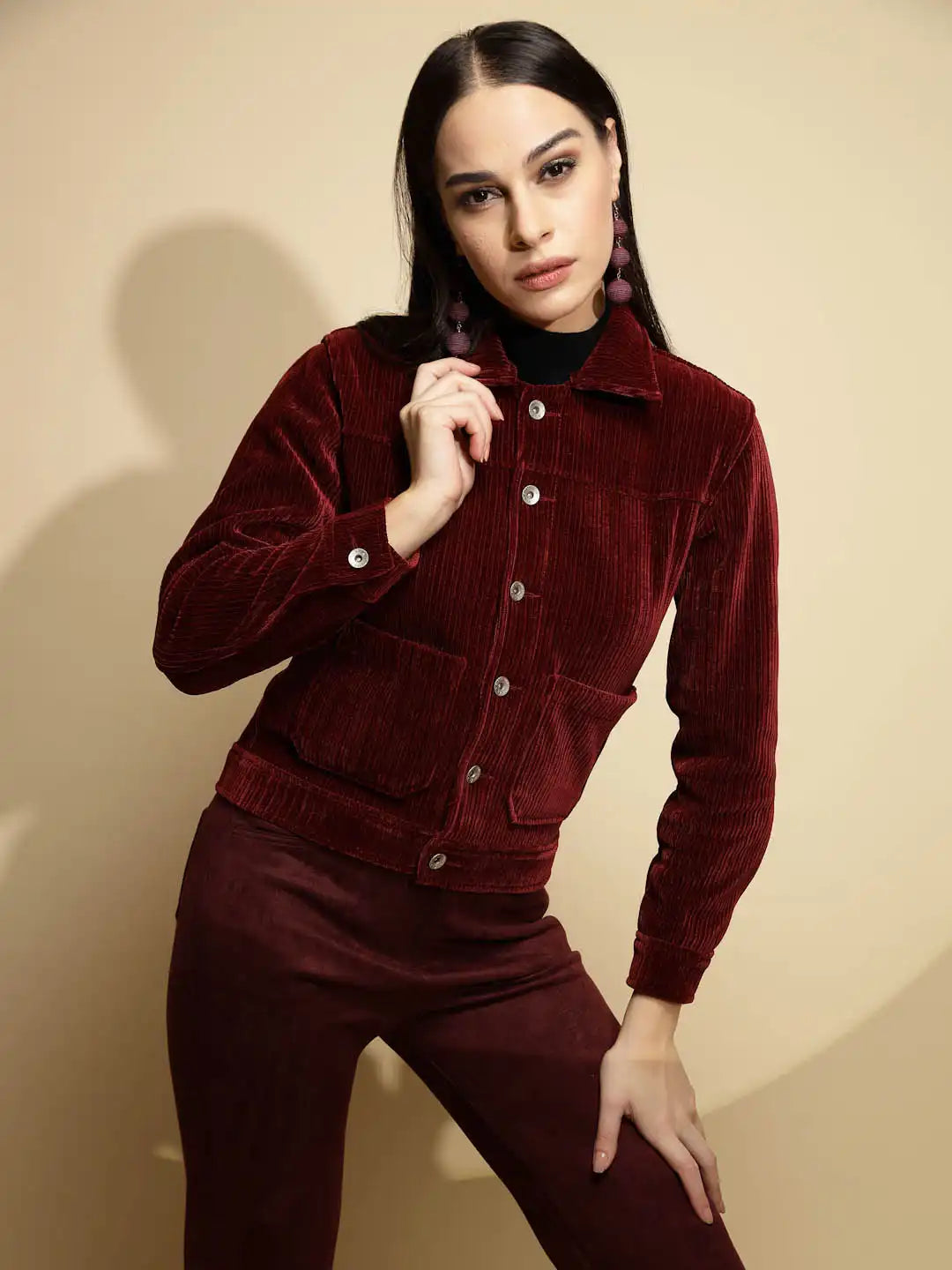 Maroon Solid Corduroy Suede Jacket