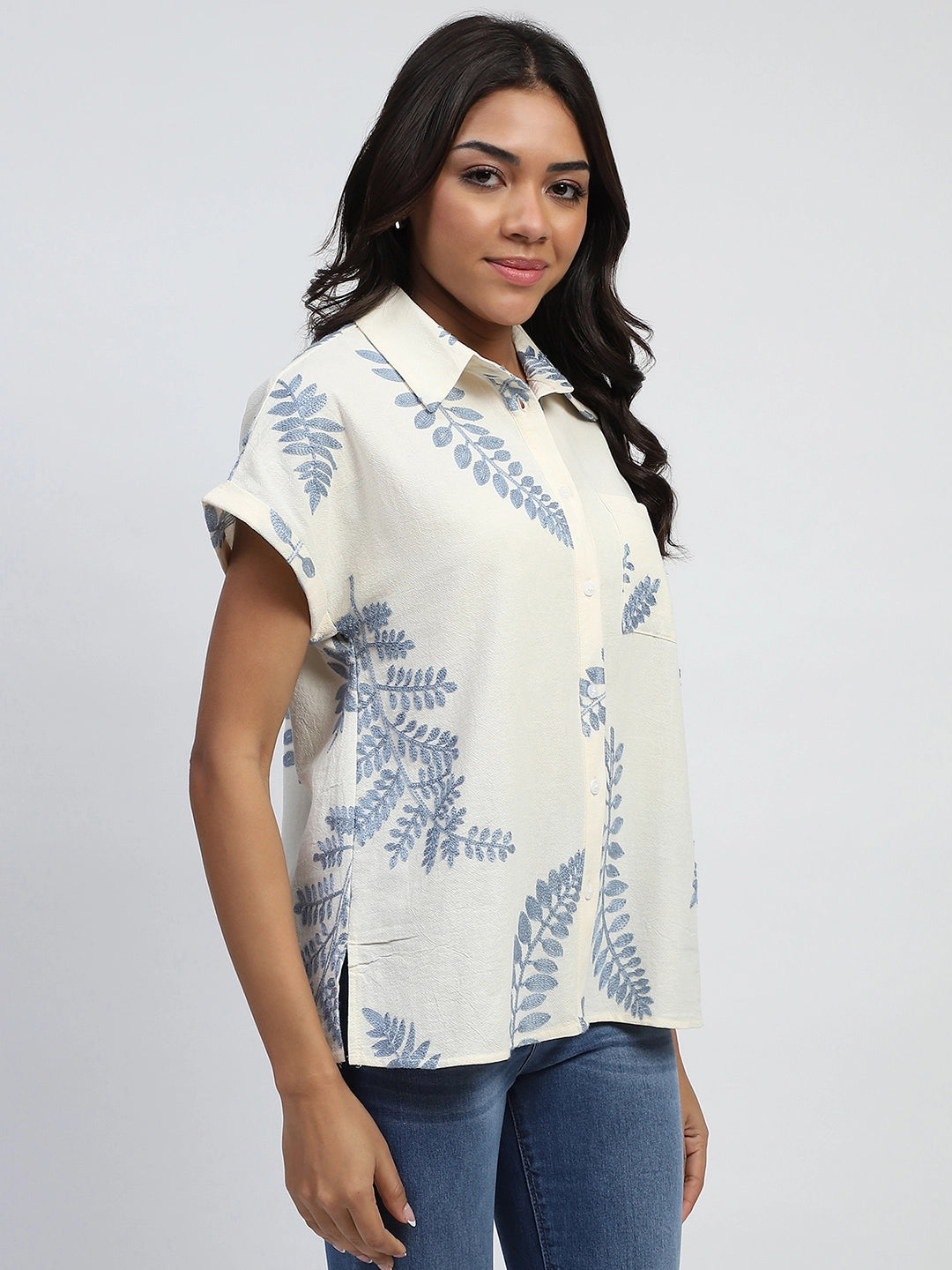 Cream Thread Embroidered Cotton Shirt