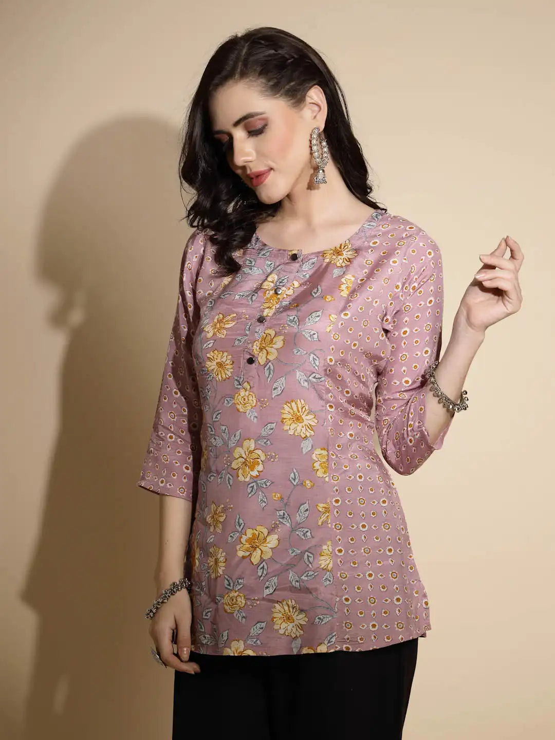 Mauve Floral Print Satin Tunic - Global Republic