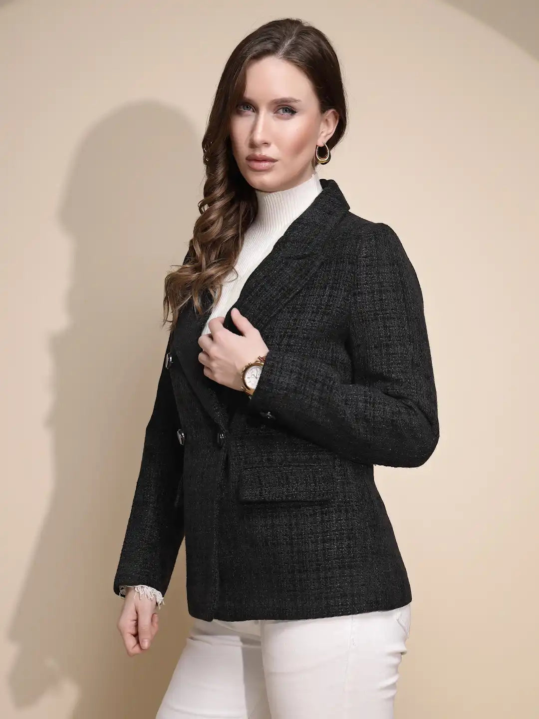 Women Black Solid Full Sleeve Collared Neck Tweed Coat