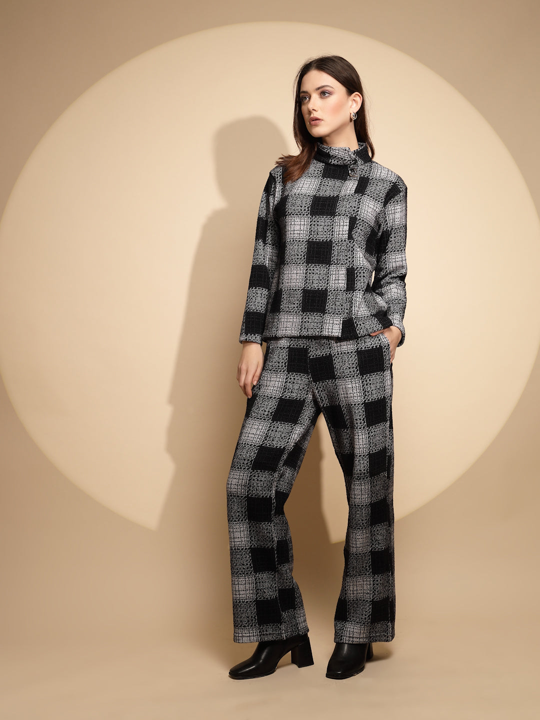 Women Black Checkered Turtle Neck Full Sleeve Loose fit Co-ord Set