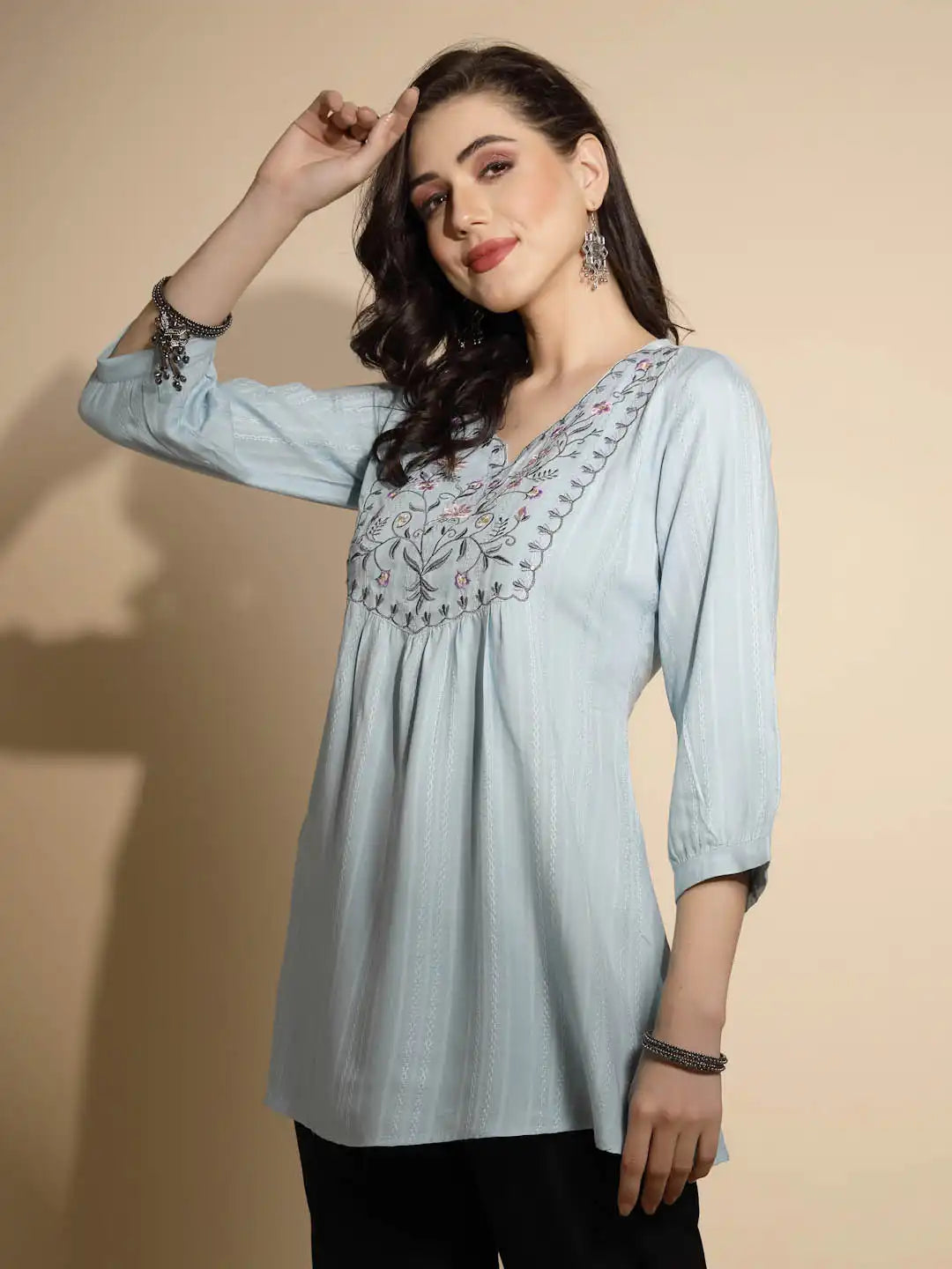 Grey Embroidered Three Quarter Sleeves V-Neck Cotton Blend Tunic - Global Republic