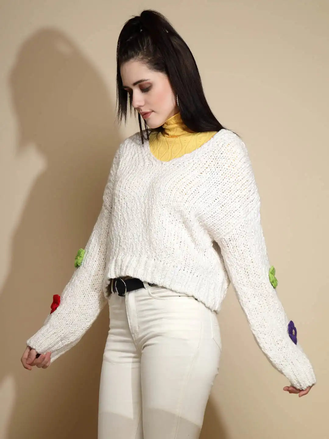 Off White Embellished Full Sleeve V-Neck Acrylic Pullover Sweater