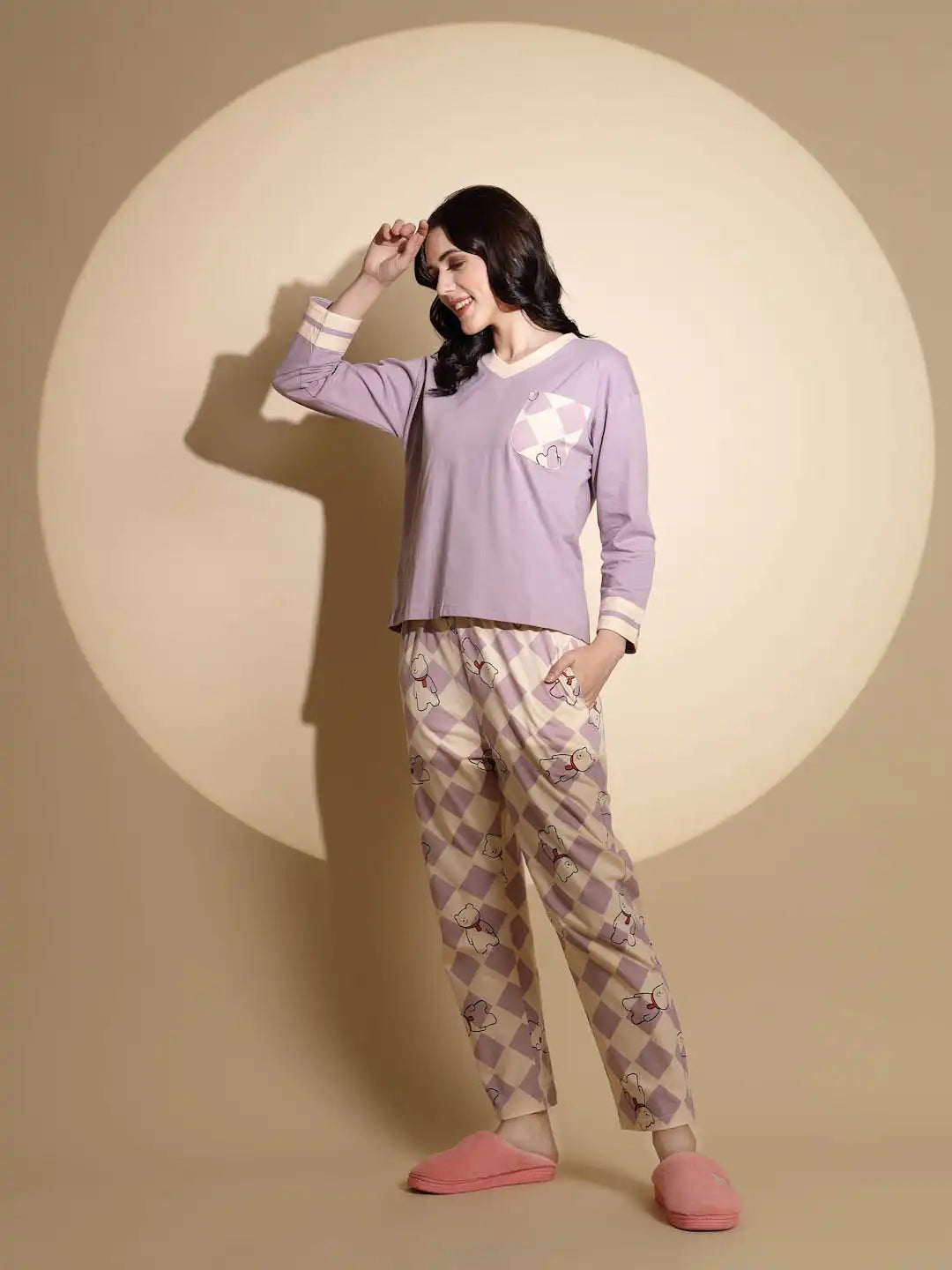 Lavender Hosiery Solid Top & Pyjama Night Suit Set - Global Republic