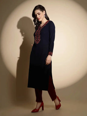 Royal Blue Embroidered Full Sleeves Raglan Cut Crew Neck Woolen Kurta
