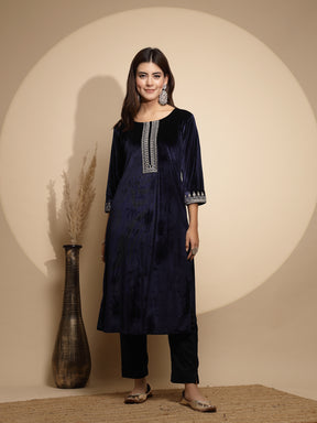 Navy Blue Embellished Full Sleeve Round Neck Velvet Kurta For Women