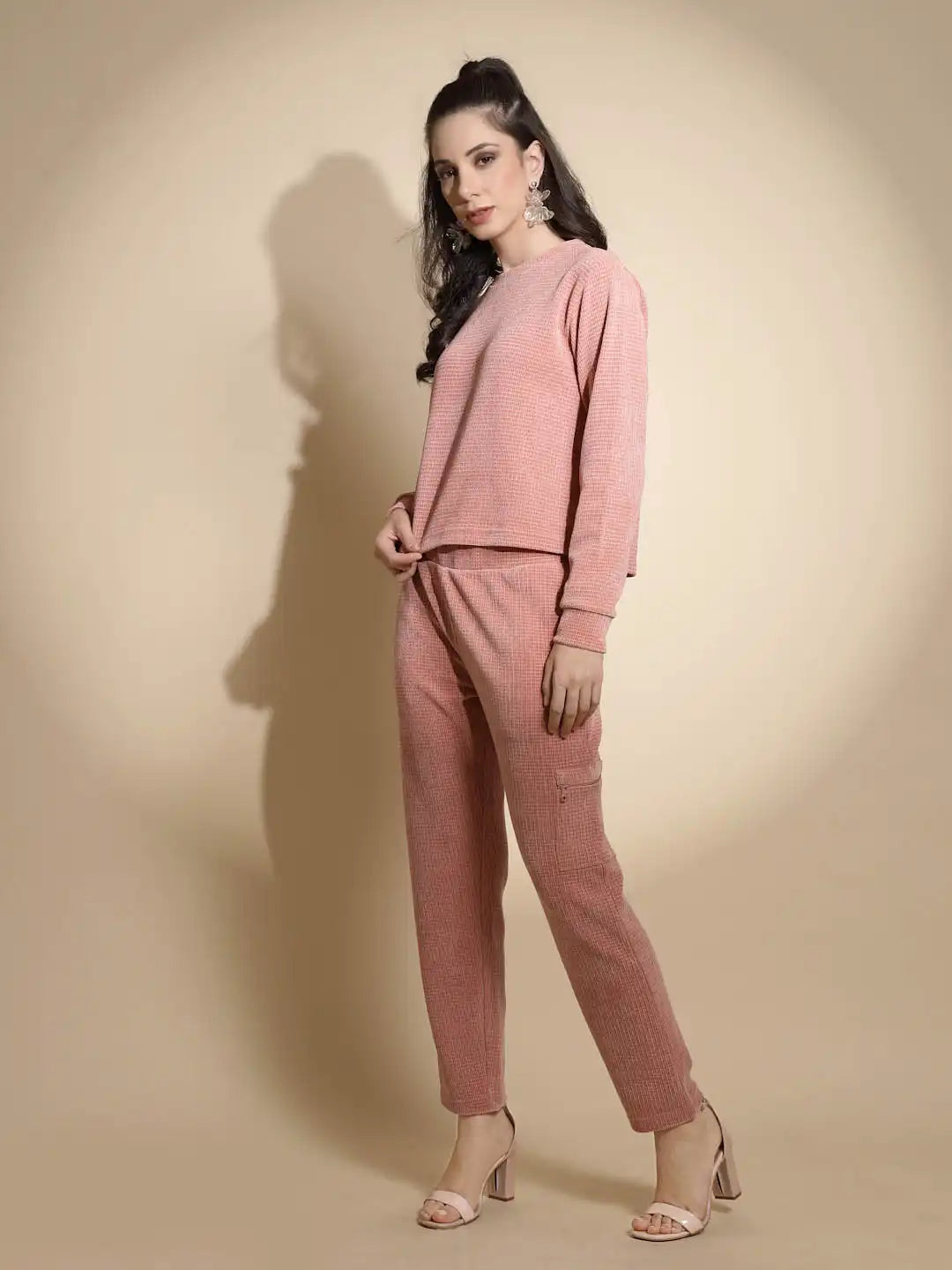 Dusty Pink Solid Full Sleeve Round Neck Hosiery Co-ord Set
