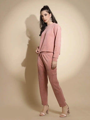 Dusty Pink Solid Full Sleeve Round Neck Hosiery Co-ord Sets