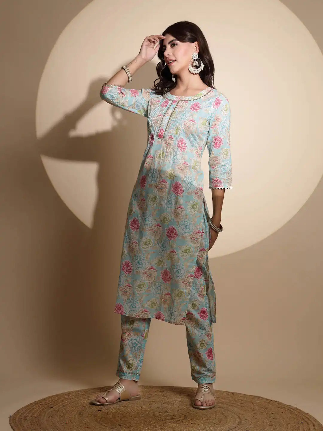 Blue Floral Printed Cotton Kurta Set - Global Republic