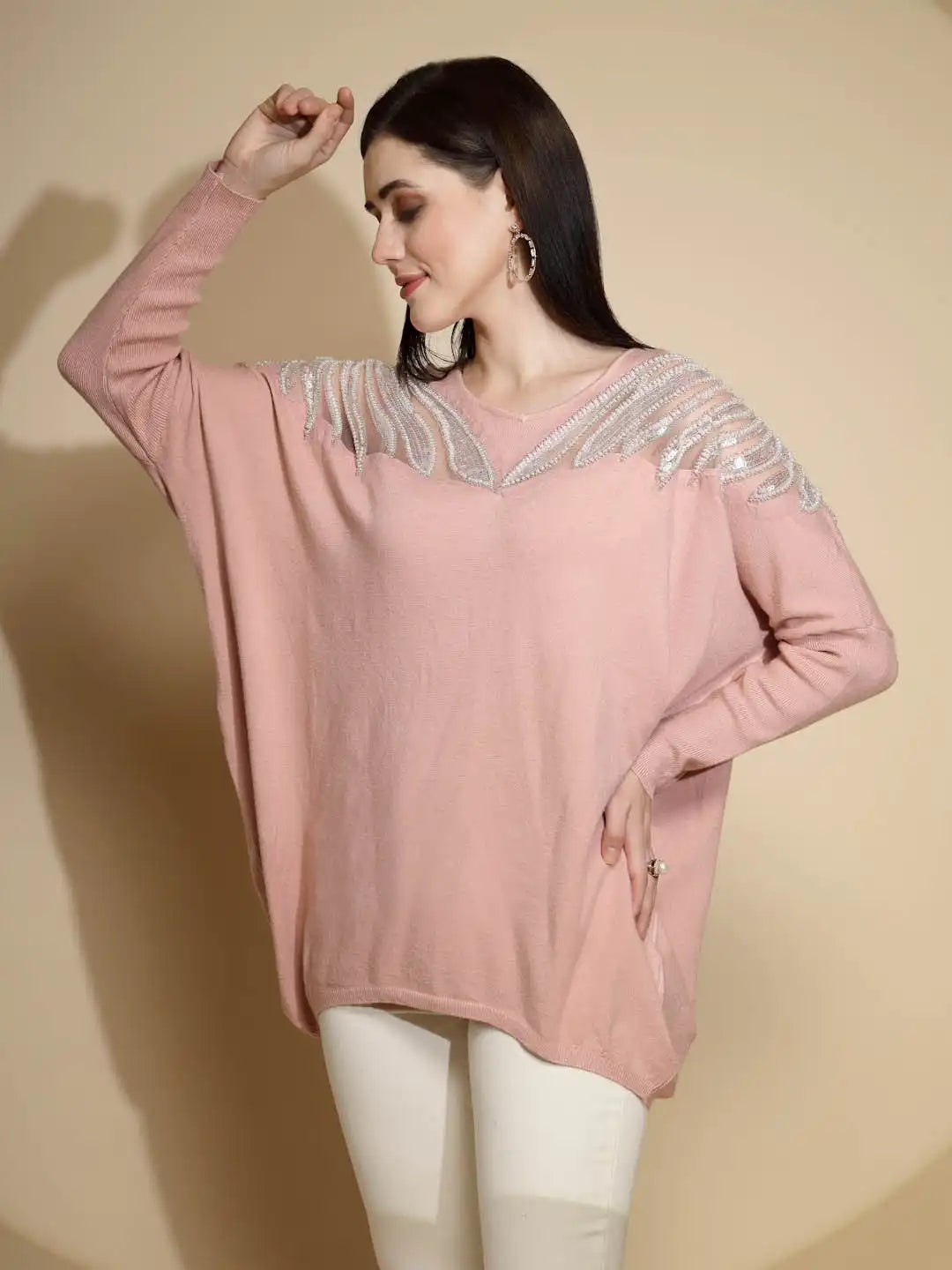 Pink Embellished Full Sleeve Round Neck Nylon Pullover Sweater