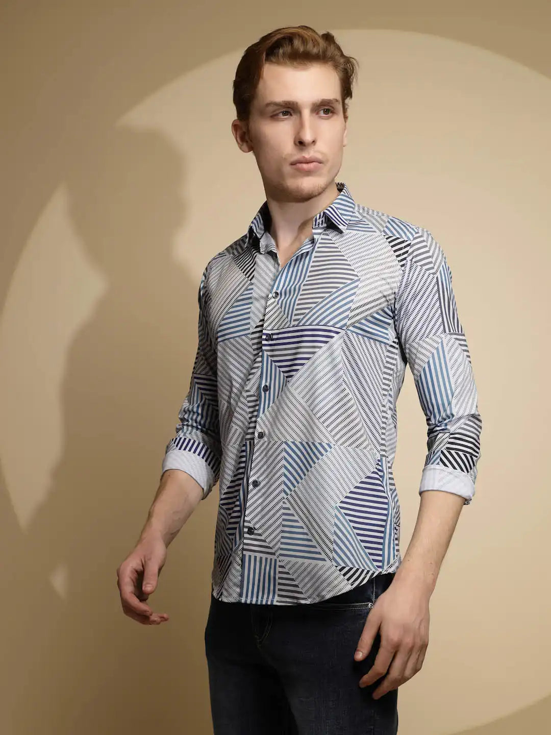 Multicolor Striped Full Sleeve Collared Neck Cotton Blend Shirt