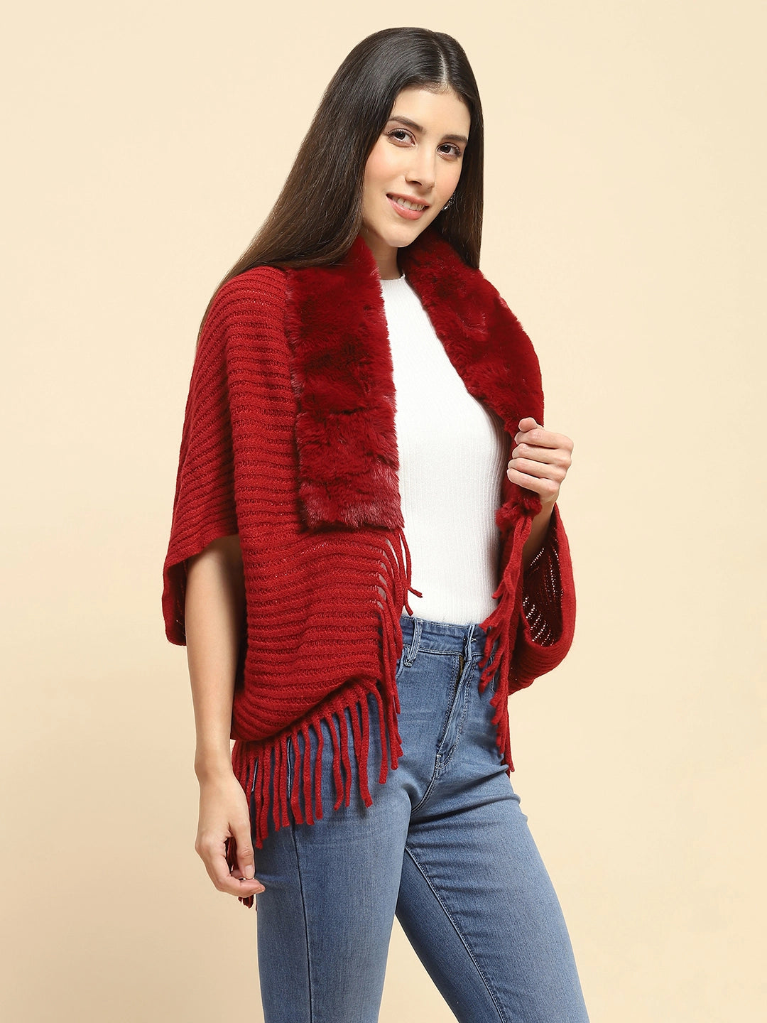 Maroon Acrylic Knitted Cape - Global Republic