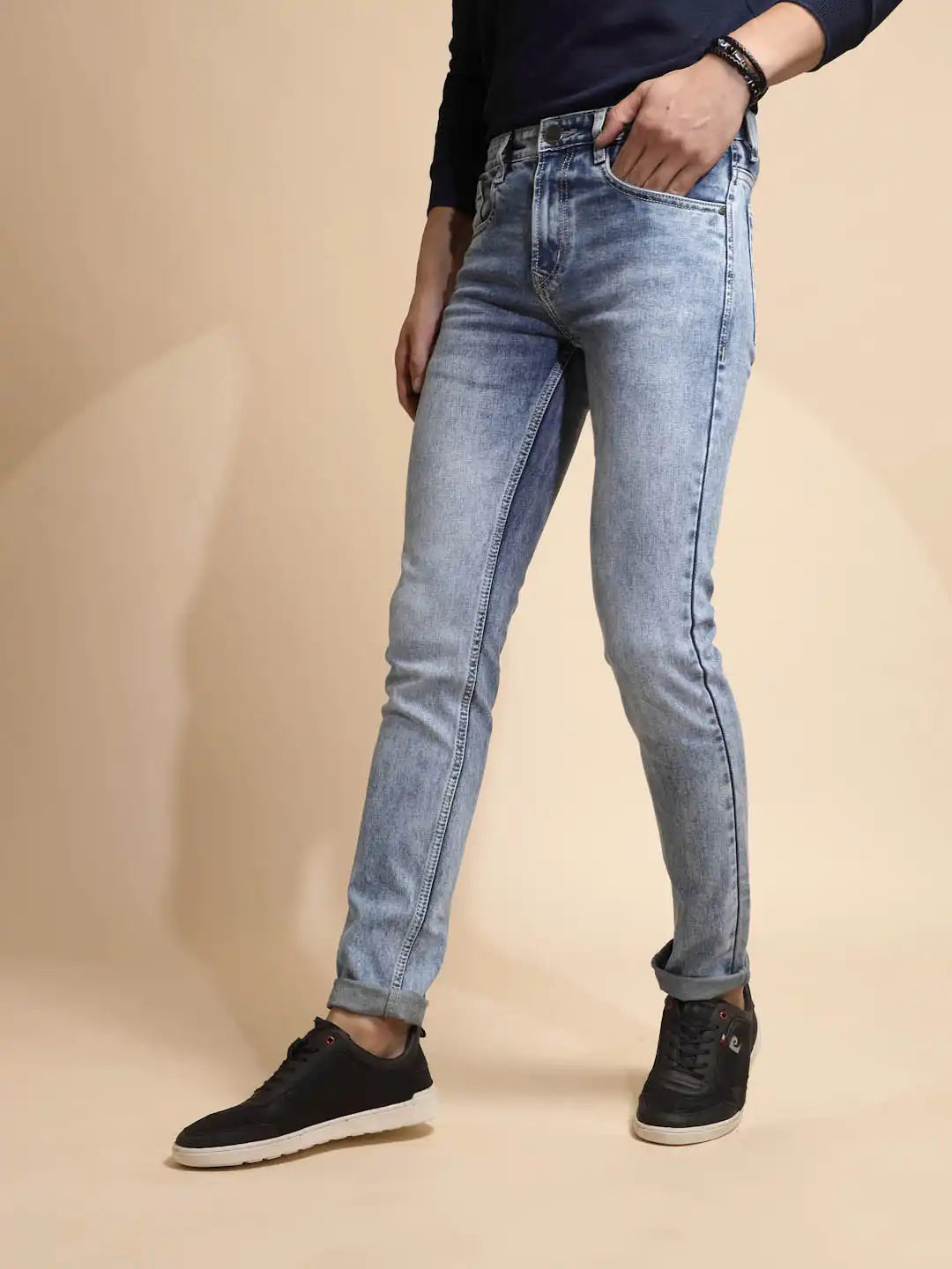 Light Blue Solid Mid Rise Cotton Blend Slim Fit Jeans