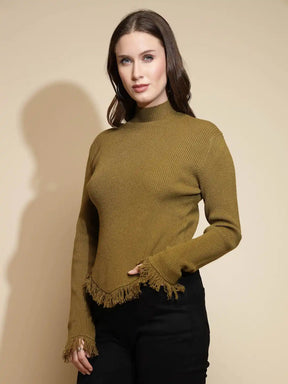 Olive Solid Full Sleeve Turtle Neck Woolen Fringed Pullover Sweater