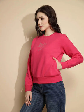 Pink Solid Full Sleeve Round Neck Acrylic Sweatshirt