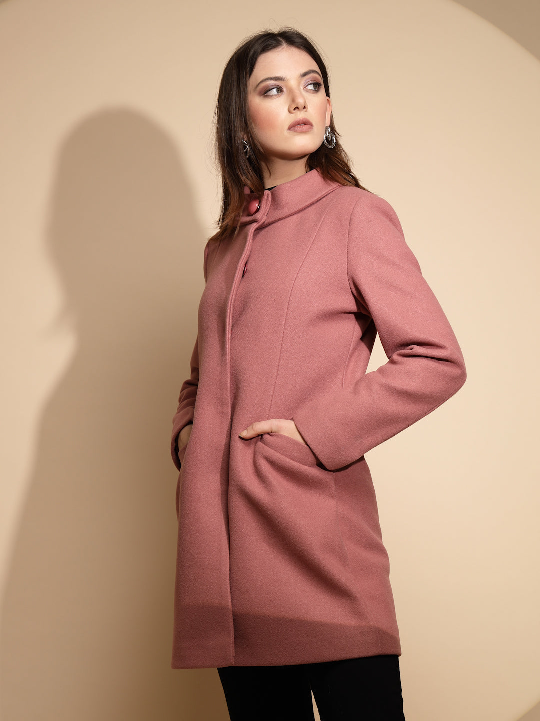 Women Pink Solid High Neck Full Sleeve Loose fit Coat