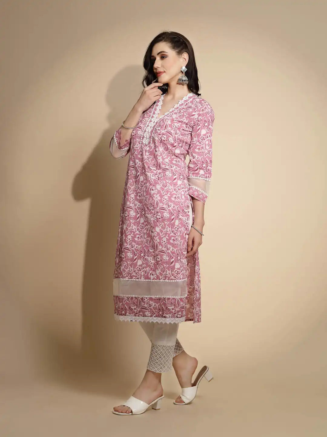 Pastel Pink Floral Prints Three Quarter Sleeves V Neck Cotton Blend Kurta - Global Republic