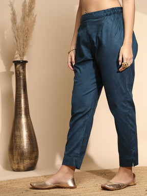 Blue Solid Woolen Blend High Rise Regular fit Pants For Women